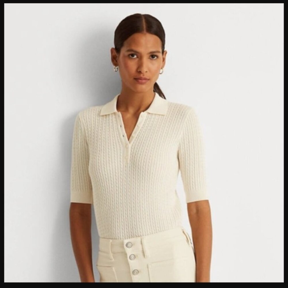 Cable-Knit Polo Sweater / Women's Large / Ivory